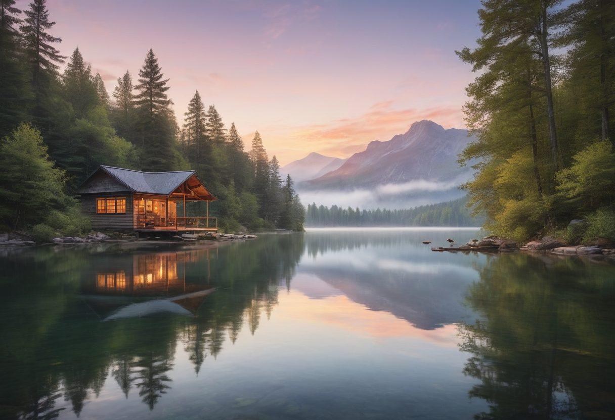 A serene landscape depicting a secluded cabin beside a tranquil lake at twilight, surrounded by lush forests and gentle mist. Soft, warm light glowing from the cabin windows, with a hammock strung between two trees, inviting relaxation. A pastel-colored sky reflecting over the water, evoking a sense of melancholy and peace. Incorporate delicate details like floating leaves and distant mountains. super-realistic. vibrant colors. tranquil atmosphere.