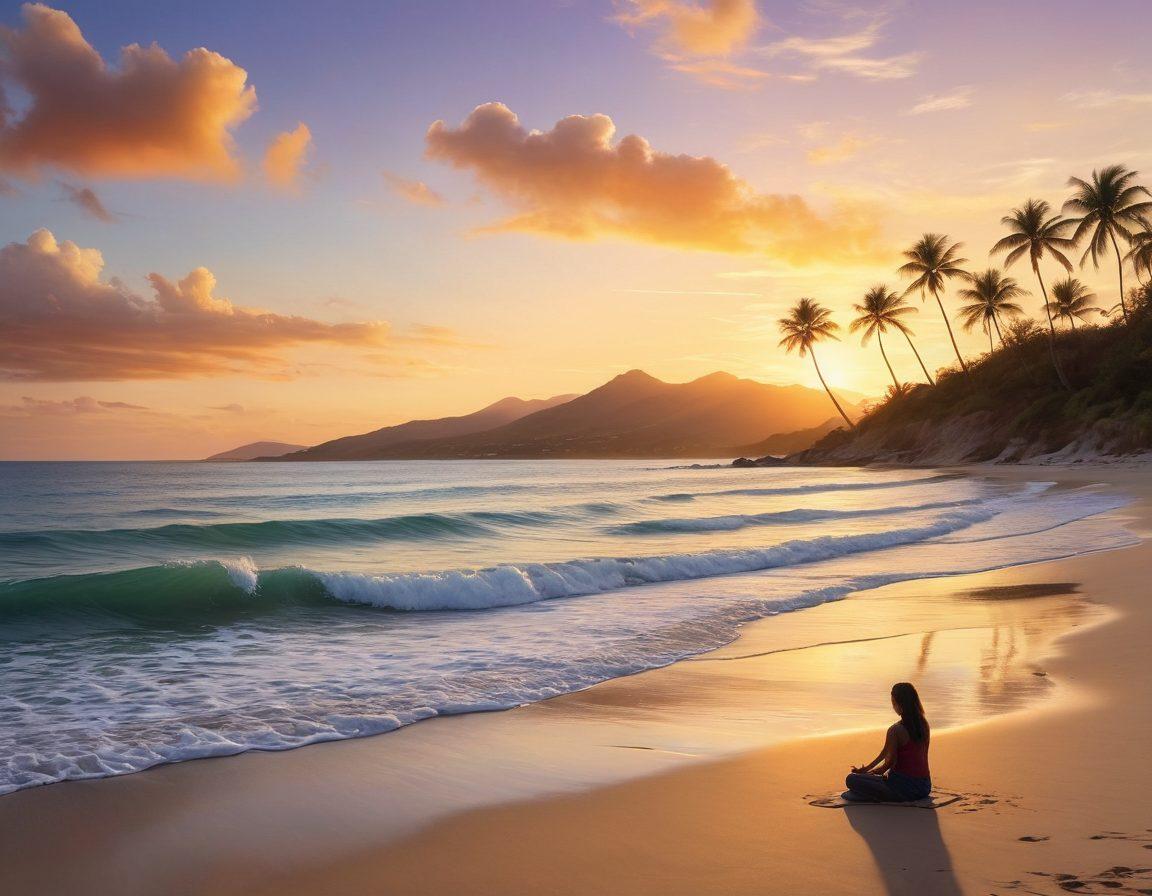 A tranquil landscape depicting a sun-drenched beach at sunset, blending warm golden hues with soft pastel skies. A solitary figure sits in peaceful meditation on the sand, surrounded by gentle waves lapping at the shore. Wisps of fluffy clouds drift lazily, casting delicate shadows on the water. Add elements of serene nature, like swaying palm trees and distant hills, to enhance the calming atmosphere. super-realistic. vibrant colors. soft focus.