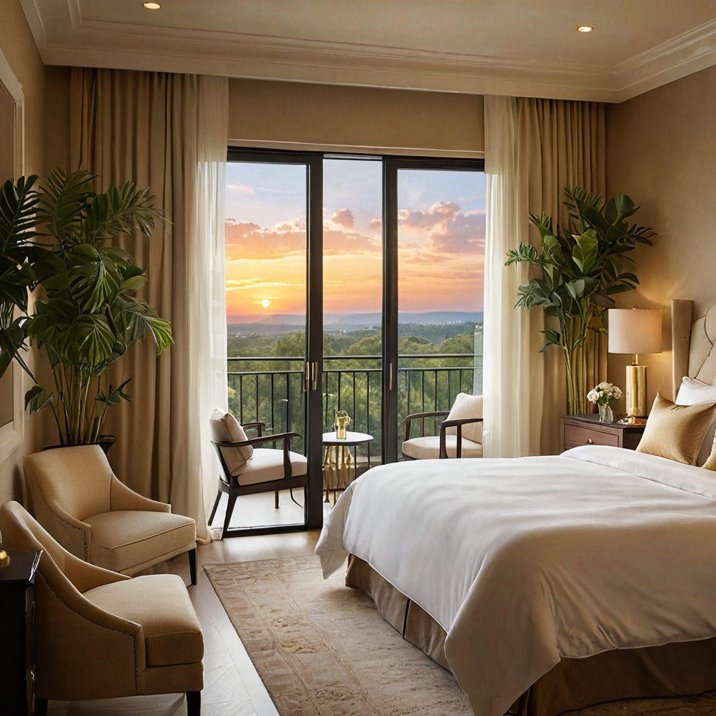 A luxurious hotel room with a stunning view of serene nature, bathed in soft golden light. Elegant furnishings, plush bedding, and decorative plants create a calming atmosphere. A private balcony with cozy seating overlooks a tranquil sunset. Add elements of a warm fireplace and gentle, flowing curtains. super-realistic. vibrant colors. cozy and inviting ambiance.